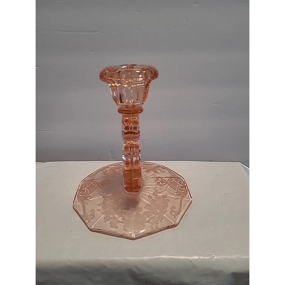 Vintage Cambridge Glass Apple Blossom Etch Keyhole Pink Glass Candlestick